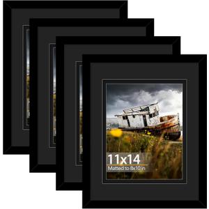 11x14 Double Floating Mat Wood Picture Frame, Display 8x10 with Double Black Mat, 8 x 10 Matted Frame with Shatter Resistant Plexiglass, 4 Pack, Black
