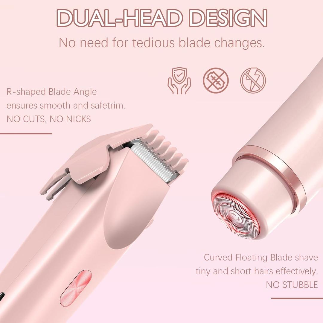 Bikini Trimmer for Women 2 in 1, Dual Head Womens Electric Shaver, Electric Razors for Pubic Hair, IPX7 Waterproof Rechargeable Facial Hair Removal for Shaving Underarm Leg Arm Body Face, Rose Gold