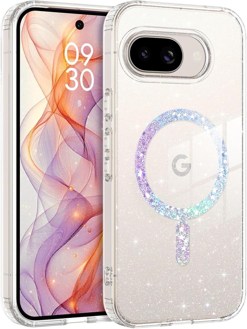 BENTOBEN for Google Pixel 9a Case Clear Glitter, [Compatible with MagSafe] Pixel 9A Magnetic Phone Case Transparent Crystal Shockproof Women Girl Protective Cover for 9a 6.3 inch, Shiny Bling Clear