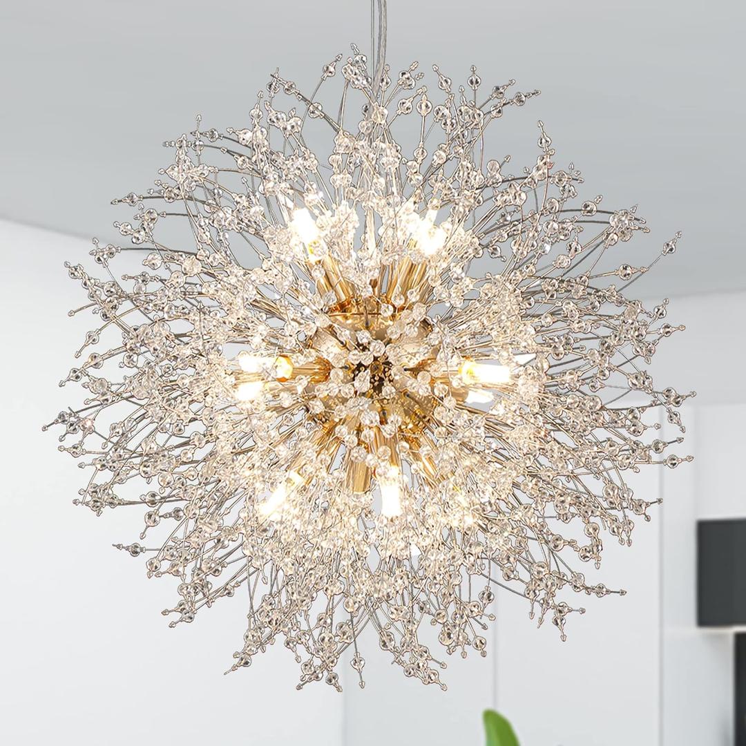 Firework Chandelier Gold, 12-Light Modern Crystal Chandelier Dandelion, 21.6" Stainless Steel Sputnik Pendant Hanging Light for Dining Room Bedroom