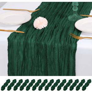 14 Pack Emerald Green Cheesecloth Table Runner 17x108 Inch Semi Sheer Boho Gauze Cheese Cloth Fabric Table Runners, for Wedding Party Baby Shower Birthday Home Decor Garden Farmhouse