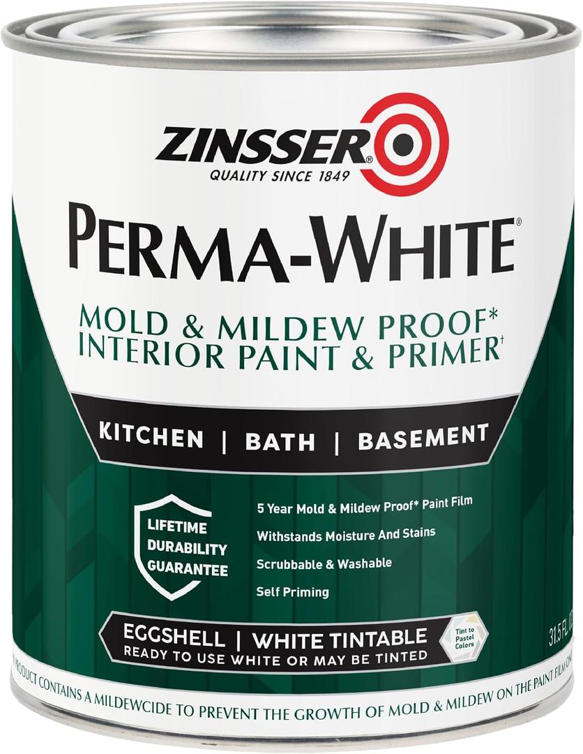 Zinsser 02774 PERMA-WHITE Mold & Mildew Proof Interior Paint, Quart, Eggshell White, 31.5 Fl Oz