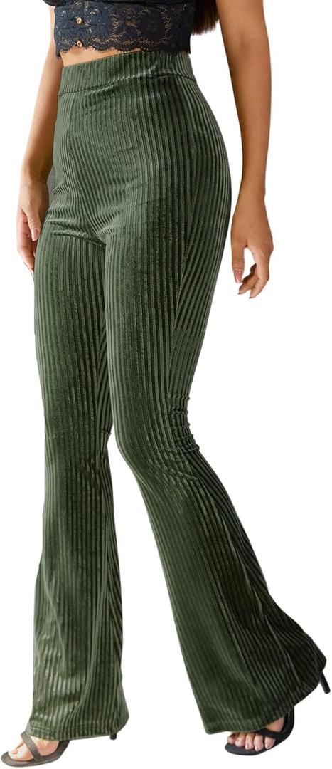 Floerns Women's Velvet Elastic Waist Flare Leg Palazzo Long Pants Trousers (Medium, Dark Green)