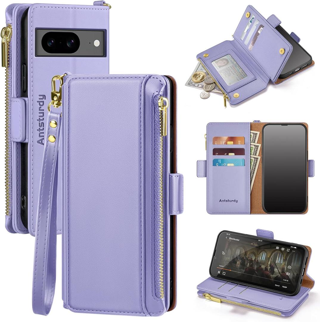 Antsturdy Compatible with Google Pixel 8 Wallet Case with Card Holder Women Men Phone Case RFID Blocking PU Leather Kickstand Flip Protective Cover Wrist Strap Zipper Credit Card Slots,Light Purple