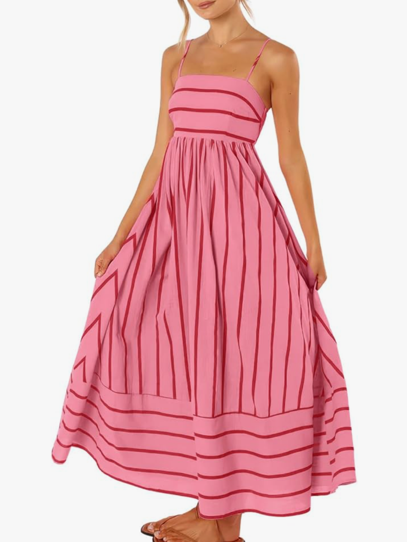 chouyatou Women's Striped Back Smocked Maxi Dress Sexy Spaghetti Strap Cut Out Flowy Swing Long Dress XS chouyatou Women's Striped Back Smocked Maxi Dress Sexy Spaghetti Strap Cut Out Flowy Swing Long Dress XS