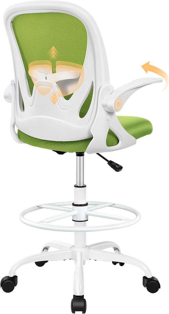 Primy Drafting Chair Tall Office Chair with Flip-up Armrests Executive Ergonomic Computer Standing Desk Chair with Lumbar Support and Adjustable Footrest Ring (Green), 934-Z
