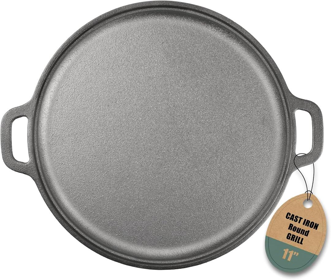 11-Inch Cast Iron Griddle Pan with Dual Handles, Pre-Seasoned Round Griddle for Stove Top, Oven, Grill, and Campfire, Heavy-Duty One-Piece tortilla pan for Pancakes, Crepes, and grilling meats