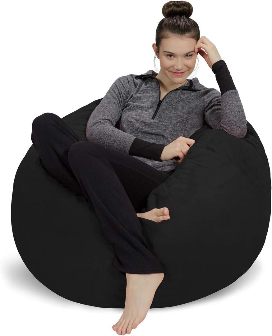 Sofa Sack Bean Bag Chair Cover Only, for Adults and Kids, Without Filling Comfy Fluffy Round or Oval Beanbag Chair Cover Replacement, Lazy Sofa Cover for Reading Chair or Floor Chair, 3 Foot, Black - Cover Only