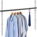 Closet Hanging Rod, 31.9in Wide Extension Closet Hanging Organizer, 6 Height Adjustable Hanging Closet Rods, Space Saving Heavy Duty Closet Rod for Hanging clothes and Towel up to 33.8 in Long, Black