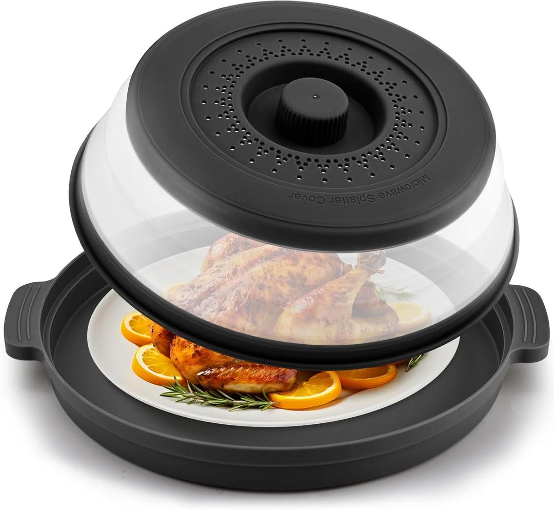 Microwave Splatter Cover for Food with Anti-scald Base Plate,Large Plastic & Silicone Vented Avoid Scalding Collapsible Guard Lid,Kitchen Essential Gadgets for Meal Prep-10.7 Inch (Black)