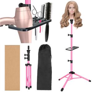 ZQIAN BEAUTY Wig Stand Tripod 50 Inch Metal Wig Mannequin Head Tripod Stand For Hairdressing Training Head Adjustable Wig Tripod Stand with Tool Tray (Pink, Mannequin Head Not Included)