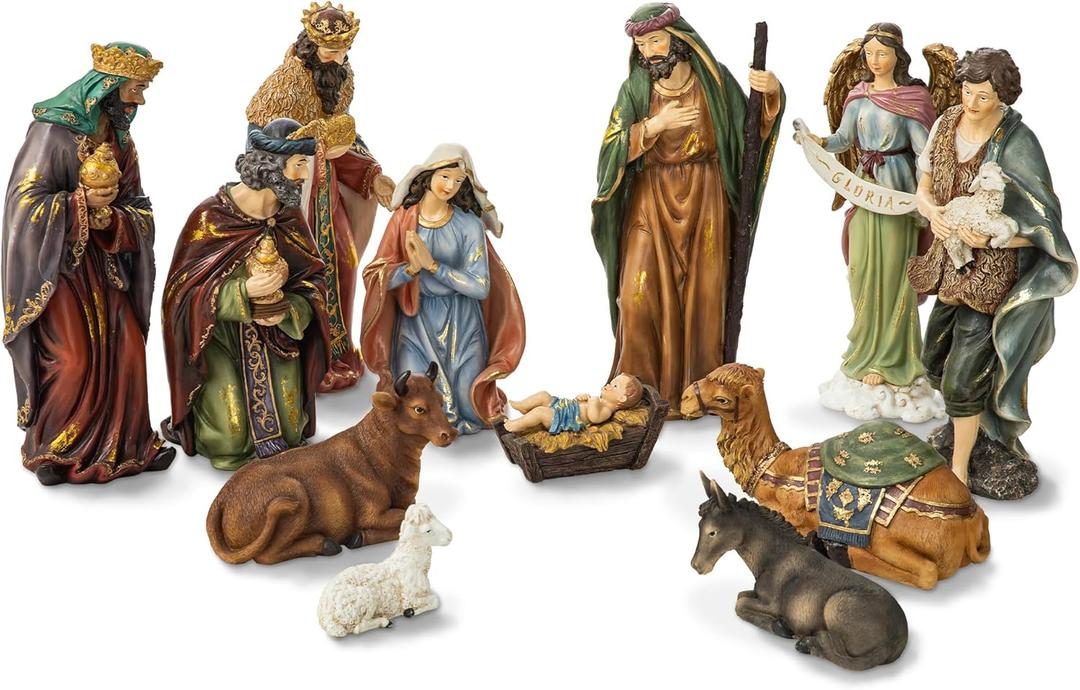Glitzhome 12Pcs Resin Nativity Figurines Sets for Christmas Indoor Decor, Christian Nativity Sets & Figures Xmas Jesus Collectible Figurines Tabletop Nativity Scene Miniature Statue15.5" x 36.00" (15.5 x 36.00 Inches)