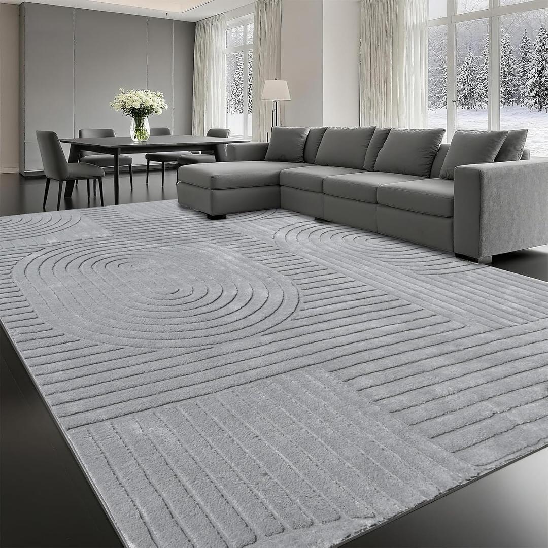 Grey Solid Area Rug 8x10 Large Washable Soft Indoor Rugs for Living Room Bedroom, Modern Geometric Bohemian Pattern High-Low Pile Textured Carpet for House Apartment, Home Office Decor