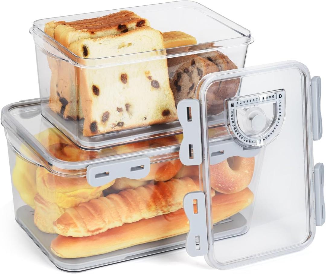 OTraki Bread Storage Container 2 Pcs Bread Boxs for Kitchen Counter Bread Saver Container Airtight Homemade Bread Loaf Storage Time Recording for Fresh Bread, Toast and Cookies, Grey