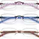 3 Pack Rimless Reading Glasses for Women Blue Light Blocking Readers Tinted Edge Spring Hinge Pattern Print Arm Eyeglasses Mix 1.50