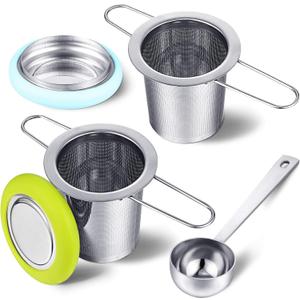 2 Pieces Tea Infusers with Scoop Stainless Steel Strainer Folding Handle Filter Fine Mesh Strainer Brewing Basket with Silicone Lid for Loose Leaf Tea