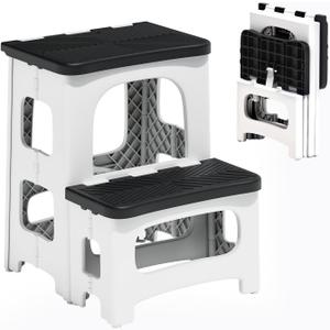 2 Step Stool Foldable, Non-Slip Steps, Folding Step Stool for Adults & Kids, Plastic Stool Pool Ladder, Collapsible Stools 2 Step Ladder for Kitchen Toilet Bedroom Office RV, Holds 330 lbs (White)