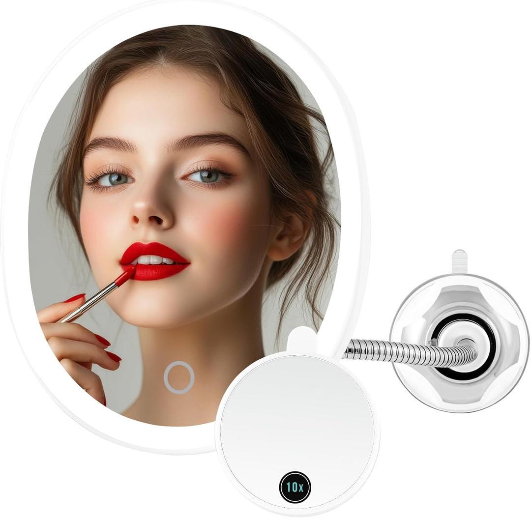 OVENTE 9'' Rechargeable Lighted Wall Mount Makeup Mirror for Bathroom with Mini Magnetic 10X Magnifying Mirror, Touch Screen Dimmable LED Lights, Flexible Gooseneck and Suction Mounting, White MOW22W