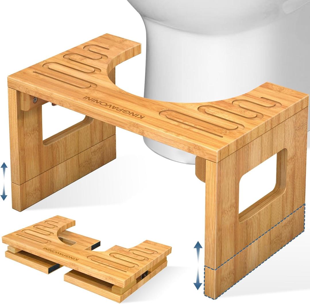 KingPavonini Bamboo Toilet Stool Squat 7in & 9in Adjustable Heights, Foldable Potty Stool for Adults with Non-Slip Layer to Improve Bathroom Posture and Comfort, 400 lbs Capacity (Wooden)
