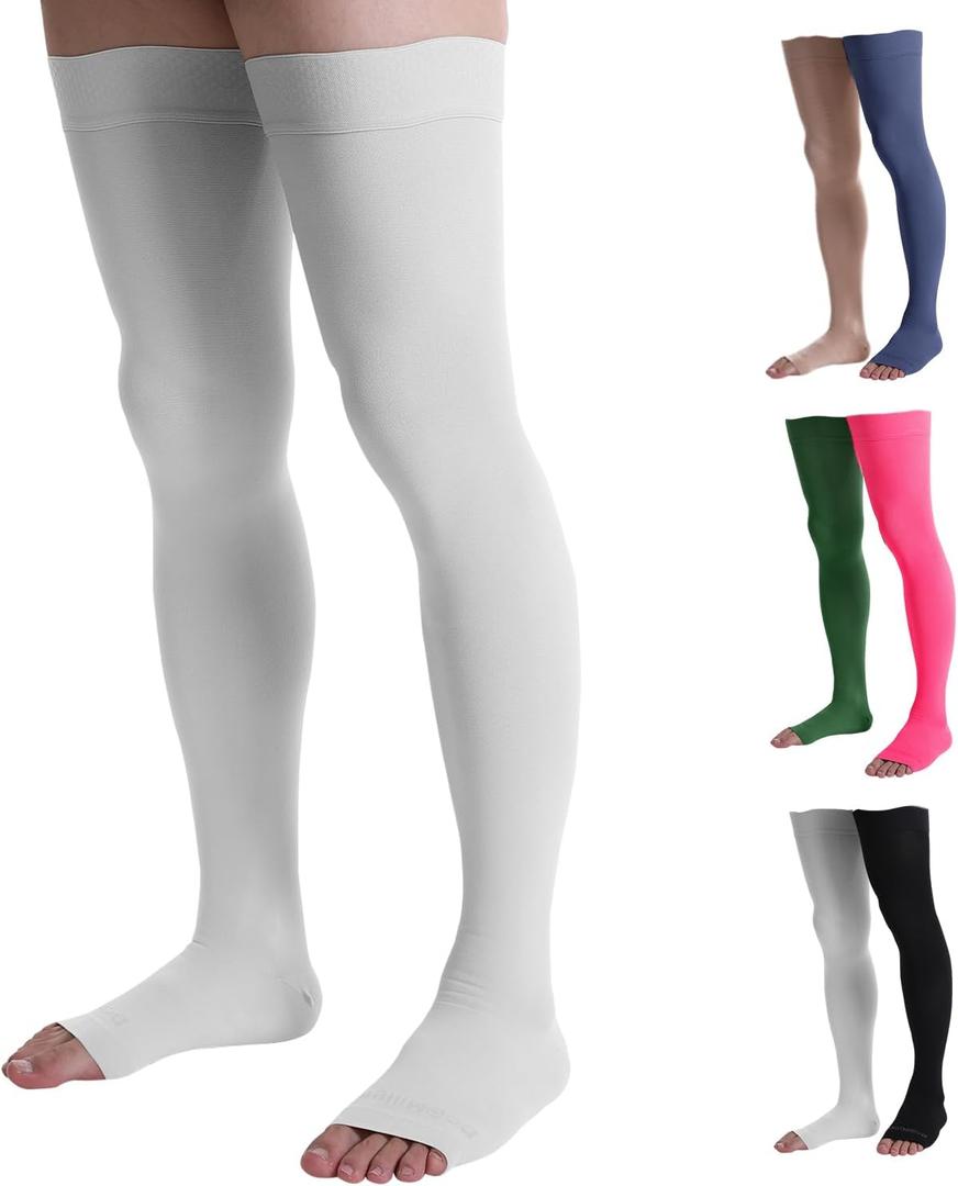 Doc Miller Thigh High Compression Socks - Open Toe, 20-30mmHg for Varicose Veins, Calf, Leg & Ankle Support, Pregnancy & Maternity Stockings, 2XL , Pair, White