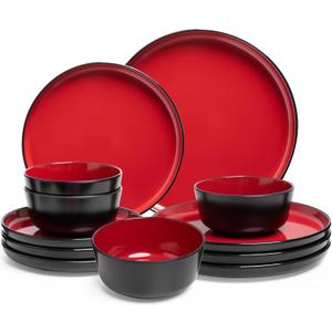 12-piece Dinnerware Sets Service for 4 - Dinner Plate, Dessert Plates, Cereal Bowls, Lightweight Melamine Plates and Bowls Sets, RV, Kitchen Dishes for Outdoor Use, Red and Black