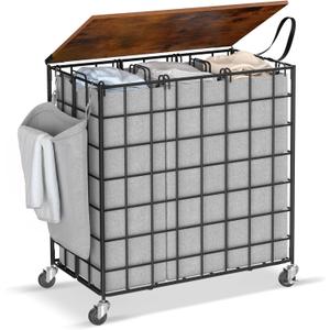 Laundry Basket with Wheels, Heavy Duty Laundry Sorter 3 Sections, 140L (37Gal.) Large Capacity Laundry Hamper with Wood Lid, 360 Rolling Wheels, Extra Side Pocket, Leather Pull Handle (Grey)