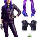 3 Pcs Halloween Costume Accessory Set Includes 16 Inch Purple Wig, Green Heart Necklace, Heart Cutout Punk Gloves for Women Adults Halloween Cosplay Party