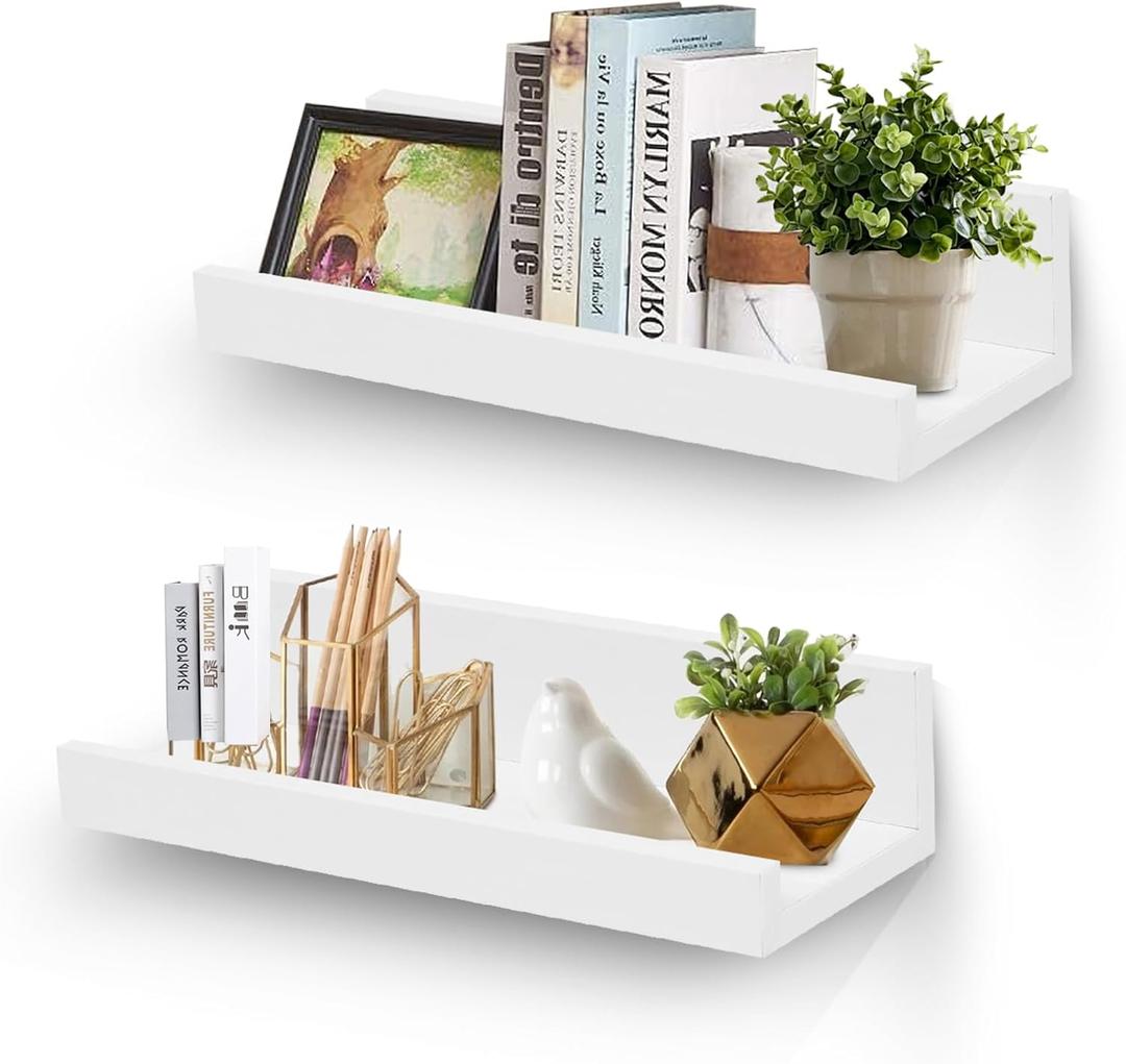 Muzilife 12" Small Floating Wall Ledge Shelves with Lip - Set of 2 Wood Floating Shelves - White Wall Mounted Picture Ledge for Office, Bathroom, Bedroom, Living Room, Kitchen