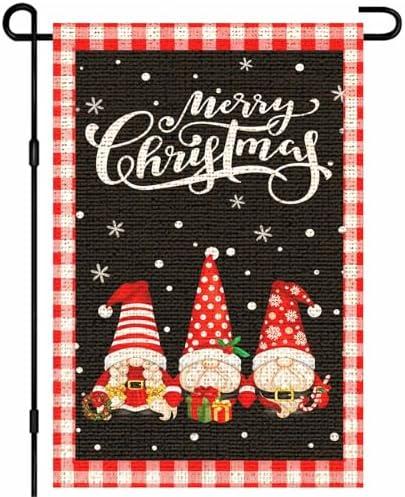 IVN Merry Christmas Garden Flag 12x18 Inch Burlap Holiday Gnome Banner Black Red Buffalo Plaid Three Gnome Design Double Sided Winter Lawn Flag for Porch Patio Yard Outdoor Decor