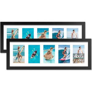8x24 Picture Frame with Tempered Glass, 4x6 picture frame collage, Display Five 4x6 Photos with Mat or One 8 x 24 Picture without Mat - Horizontal or Vertical Wall Mounting, 2 Pack, Black