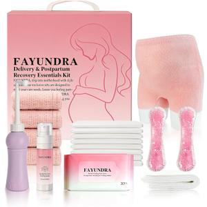 Postpartum Essentials Kit for Labor & Delivery, Postpartum Kit with Cooling Spray, 4 Disposable Postpartum Underwears, 8 Postpartum Pads, 2 Hot & Cold Packs, 30 Pad Liners, Peri Bottle (6)