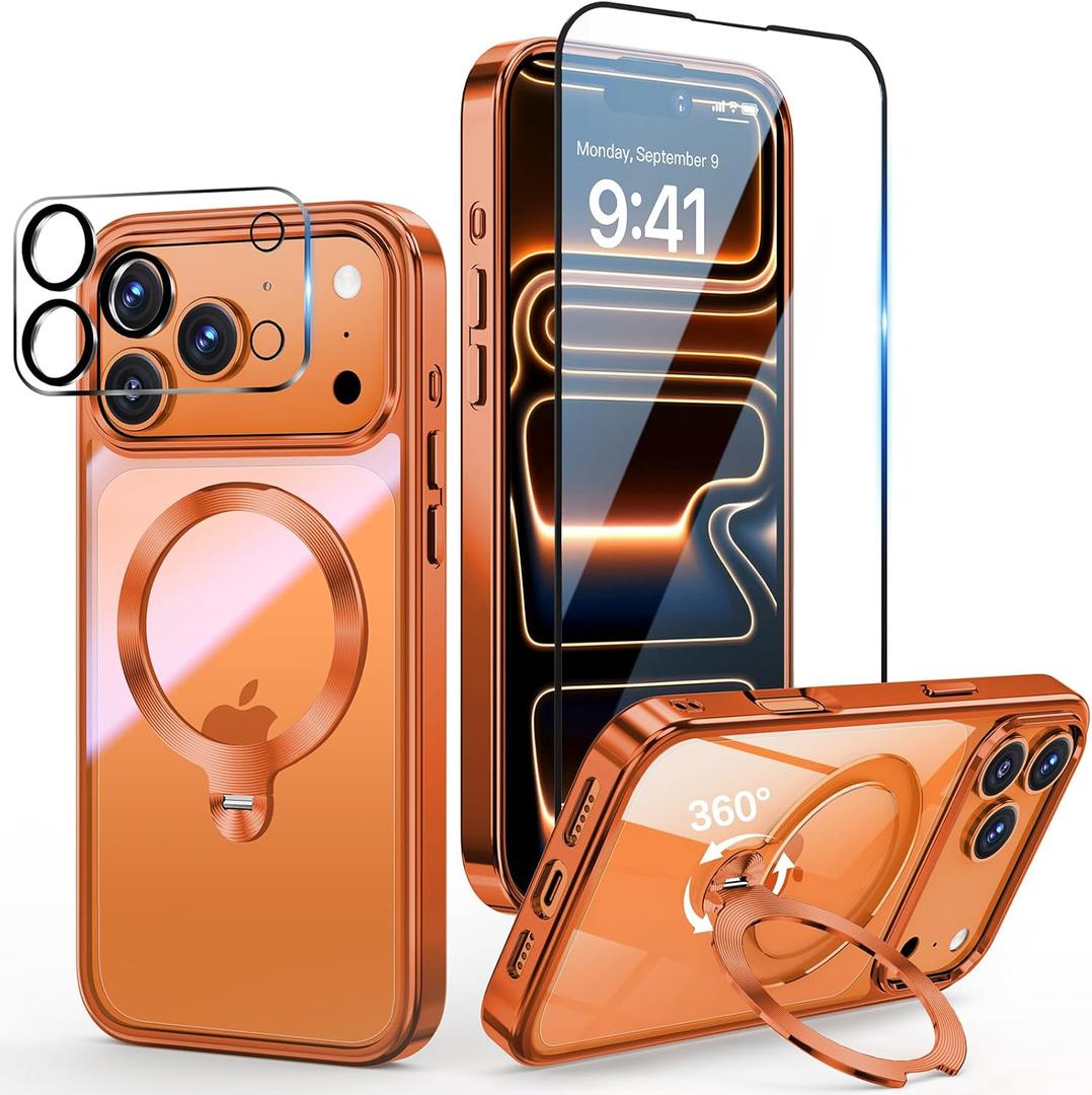 [Tri-Shield Protection] for iPhone 17 Pro Case with 360° Spin Stand Compatible with MagSafe [Magnetic CD Ring] [Screen & Camera Lens Protector] Shockproof Plating Never-Yellowing, Cosmic Orange-6.3"