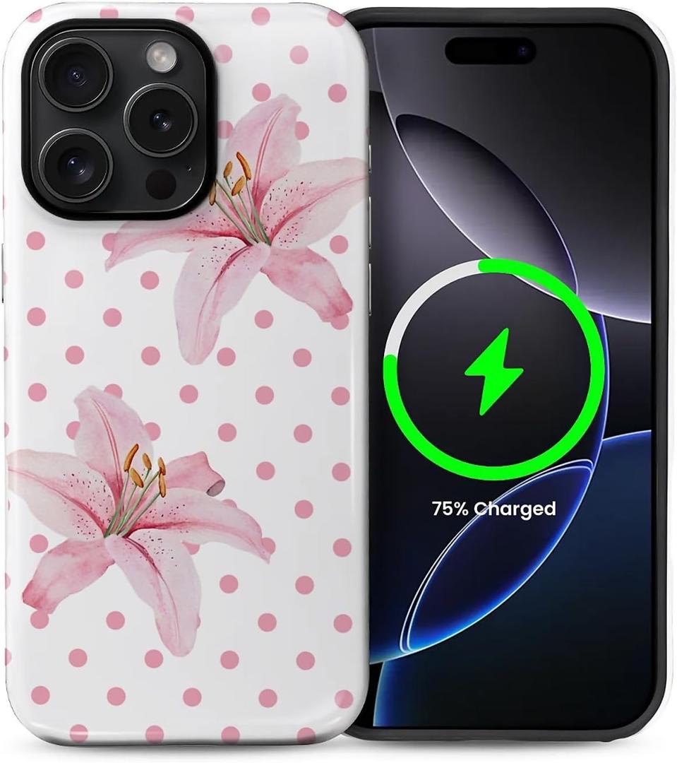 for iPhone 14 Pro Max Case,Compatible with MagSafe,Dual-Layer Hard Shell + Silicone Cover,Full Body Protection Shockproof Case for iPhone 14 Pro Max-Pink Hibiscus Dot Floral