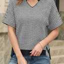 Fisoew Womens Short Sleeve Sweater Summer V Neck Striped Pullover Tops Casual High Low Loose Slit Cropped T Shirts (Black)