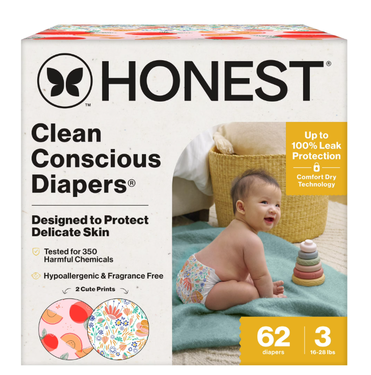 The Honest Company Clean Conscious Diapers Plant-Based Sustainable Wild Thang and Flower Power Club Box Size 3 16-28 lbs 62 Count