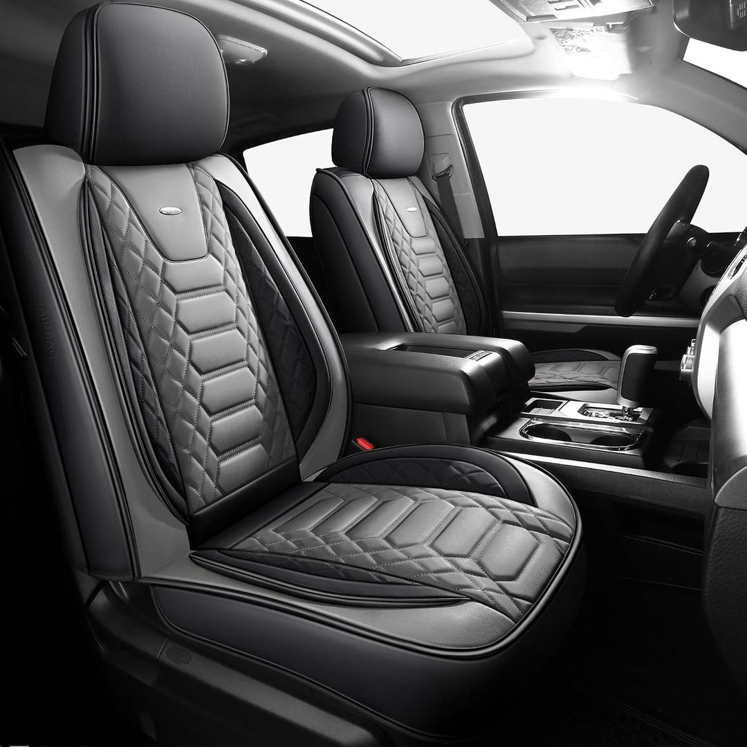 FREESOO Tundra Seat Covers 2014-2021 Full Set, Fit for Toyota Tundra Crewmax Cab, Custom Truck Seat Covers with Waterproof Faux Leather BlackGrey