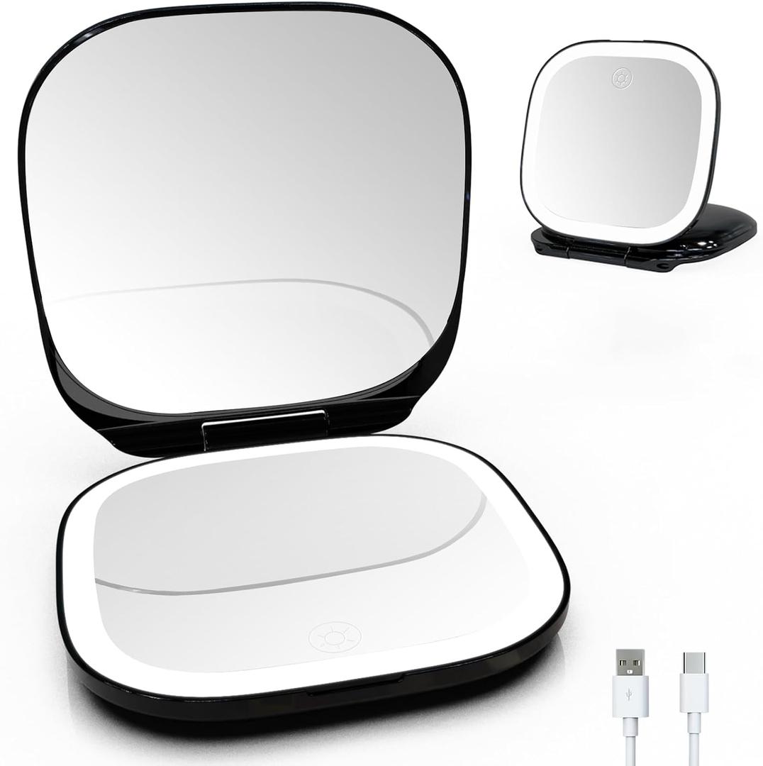 Adjustable Brightness Compact Mirror, Lighted Travel Mirror with 1X/10X Magnifying,Double Sided,Mini Dimmable Portable for Handbag and Pocket, USB C Charging,for Girls Women(Black)