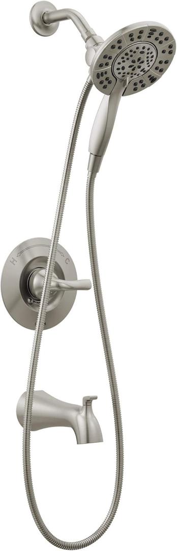 Delta Faucet Arvo 14 Series Single-Handle Tub and Shower Trim Kit, Shower Faucet with 4-Spray In2ition 2-in-1 Dual Hand Held Shower Head with Hose, Spotshield Stainless 144840-SP-I (Valve Included)