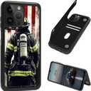 Flag Firefighter Theme Case for iPhone 16 Pro Max 6.9" PU Leather Heavy Duty Shockproof Protective Wallet Case with Credit Card Magnetic for iPhone 16 Pro Max 6.9"