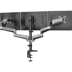 HUANUO Triple Monitor Stand - Full Motion Articulating Gas Spring Monitor Mount Fit Three 17 to 32 inch Flat/Curved LCD Computer Screens with Clamp, Grommet Kit, Silver