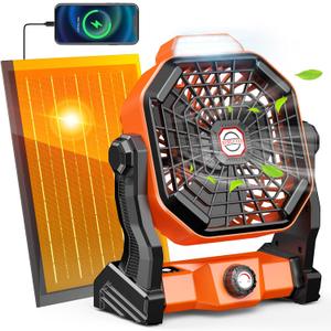 Rechargeable Solar Powered Fan, (30Hours Working) Solar Camping Fans & Led Lantern, 8-inch Portable Fan with 7W Solar Panel, Battery Operated Powered Outdoor Tent Fans for Camping Essentials Accessories, 10800mAh-Orange