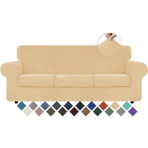 WEERRW 4 Pieces Velvet High Stretch Couch Covers for 3 Cushion Couch Sofa Slipcovers, Washable Furniture Protector with Non Slip Elastic Bottom, Feature Soft and Thick Plush Fabric, Champagne, Large WEERRW 4 Pieces Velvet High Stretch Couch Covers for 3 Cushion Couch Sofa Slipcovers, Washable Furniture Protector with Non Slip Elastic Bottom, Feature Soft and Thick Plush Fabric, Champagne, Large