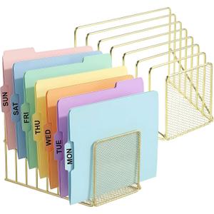 Simmer Stone 2 pcs Incline File Sorter, 7 Slot Magazine Holder for Letter, Document, Folder and Book, Metal Desktop Organizer Rack for Home, School and Office (2-gold)