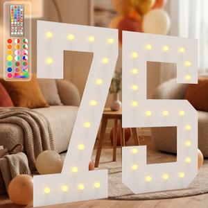 4FT Marquee Light Up Numbers, 34 Colors Changing Marquee Numbers with Remote,Water Bag, 4FT Light Up Numbers for 75th Birthday Party Decorations Backdrop Anniversary Decor, Large Number 75