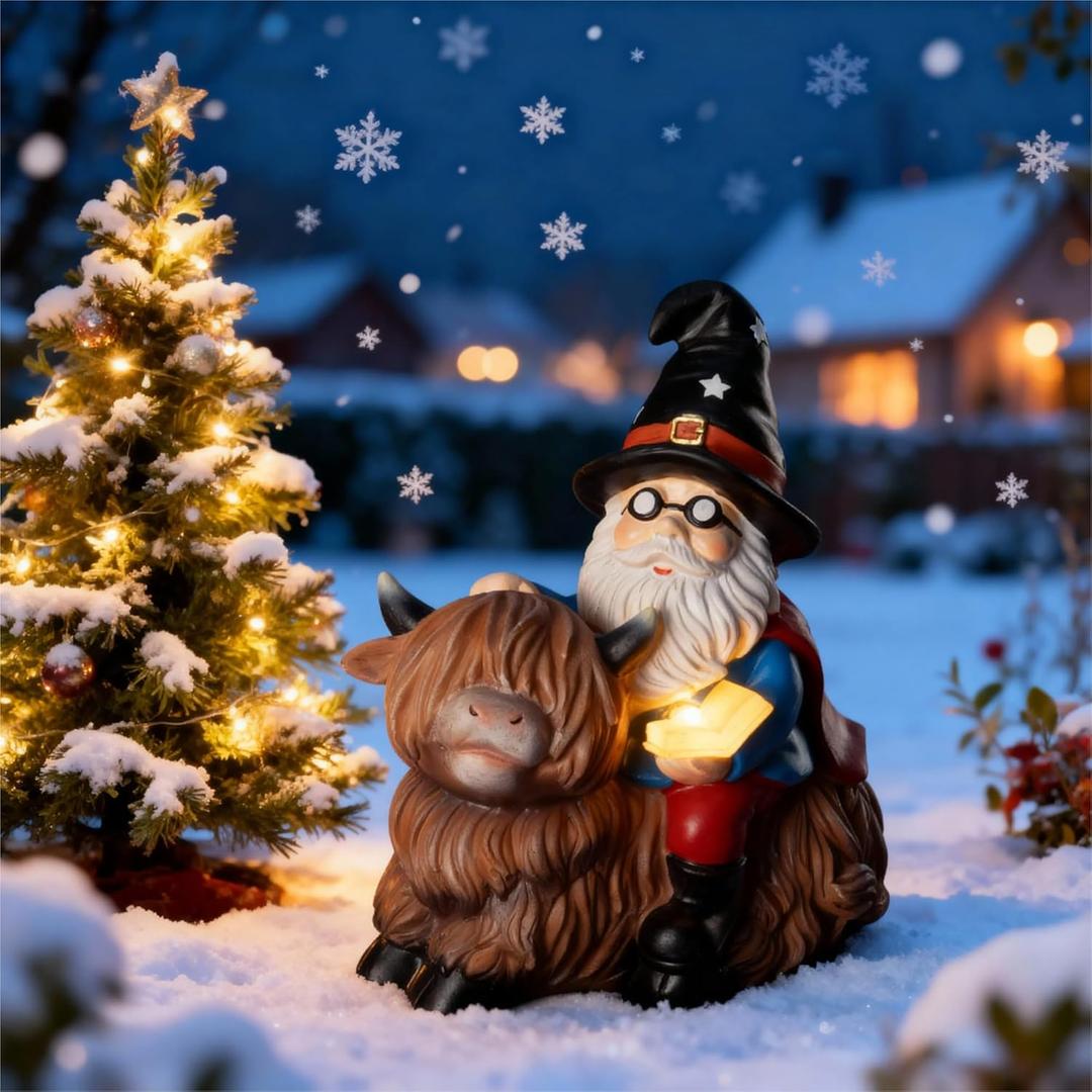Magic Gnome Riding Highland Cow Statue - Wizard Gnome and Magic Book Outdoor Garden Decor, for Lawns and Yards, Gifts for Women