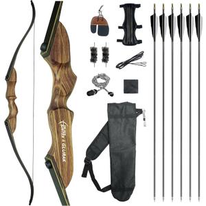 Black Hunter Recurve Bow and Arrow Set, GLURAK 60'' Wooden Takedown Recurve Bows Package, Archery Bow Kit for Target Practice and Hunting, Right Hand, 25Lb