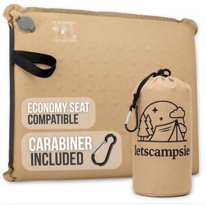 Inflatable Seat Cushion  Stadium, Airplane & Travel Comfort - 2 Inch Thick Self-Inflating Foam, Perfect for Bleachers, Camping, Office, Car - Includes Travel Bag and Carabiner (Khaki/Black)