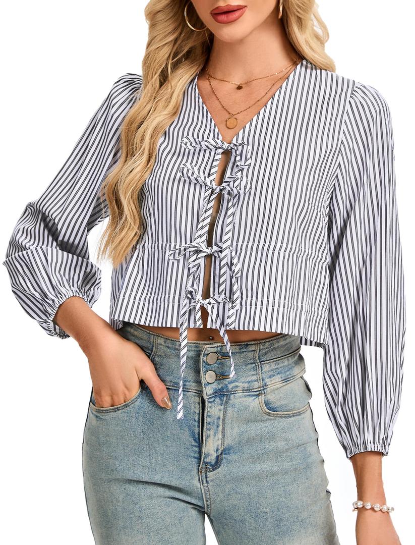 LUXEBOLD Womens Tops Cute Tie Front Striped Blouses Dressy Casual V Neck Shirts Long Sleeve Crop Tops Summer Black L (L)