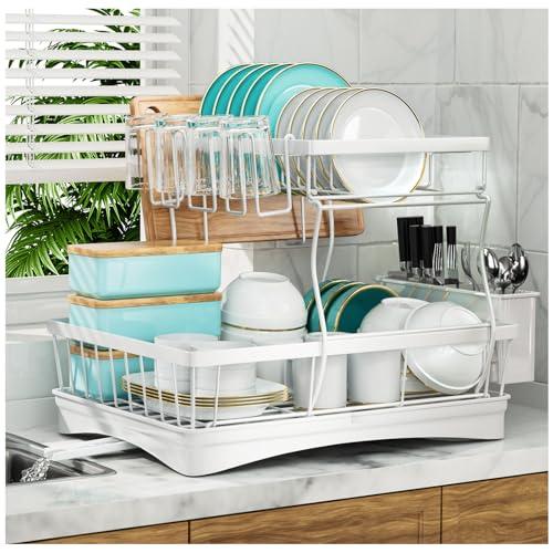 7 code Large Dish Drying Rack, 2-Tier Dish Racks for Kitchen Counter, Detachable Large Capacity Dish Drainer Organizer with Utensil Holder, Dish Drying Rack with Drain Board, White