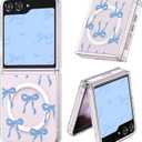 UEEBAI Magnetic for Samsung Galaxy Z Flip 7 5G Case, Bow Case Compatible with MagSafe, Wireless Slim Clear Ribbon Aesthetic Cover Anti-Yellowing Shockproof Protective Cover for Women Girl - Baby Blue